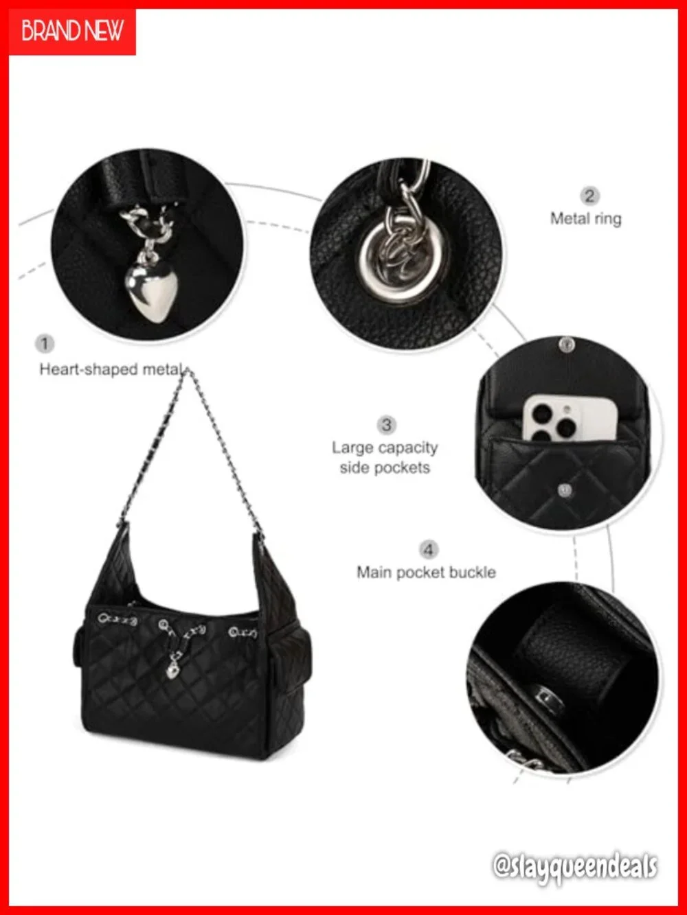 Quilted Vegan Leather Shoulder Bag Hobo Purse with Chain Strap